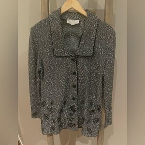 st.john BLAZER sweater cardigan jacket black white, leafs embroidered KNIT